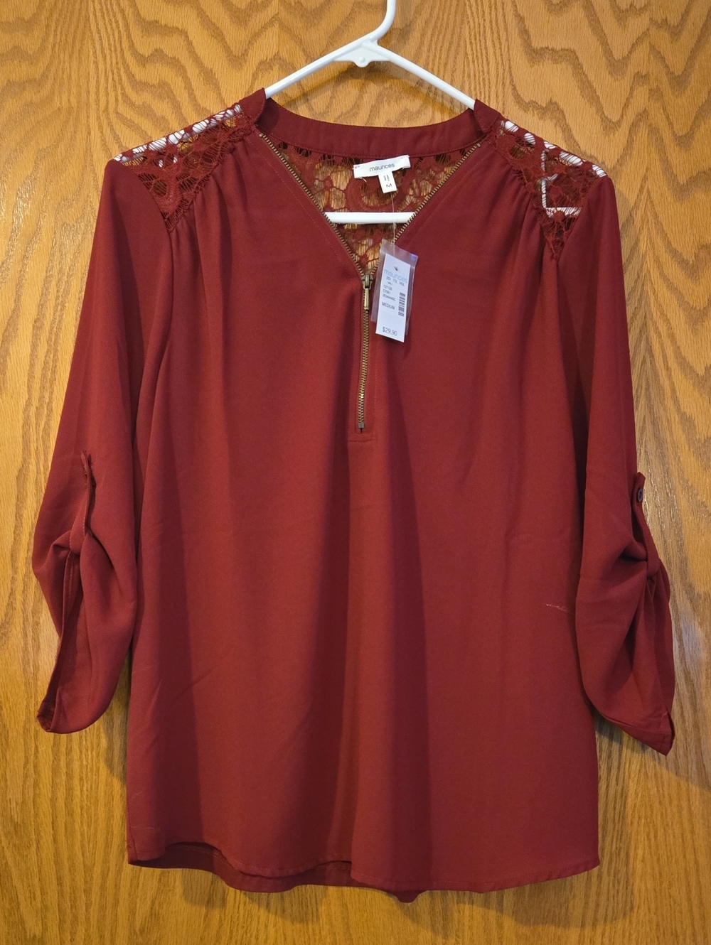Maurices Rust Lace-Shoulder Zip Pullover Blouse